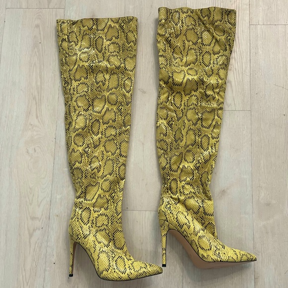 Yellow Snake Print Over-the-Knee Boots - Picture 1 of 7